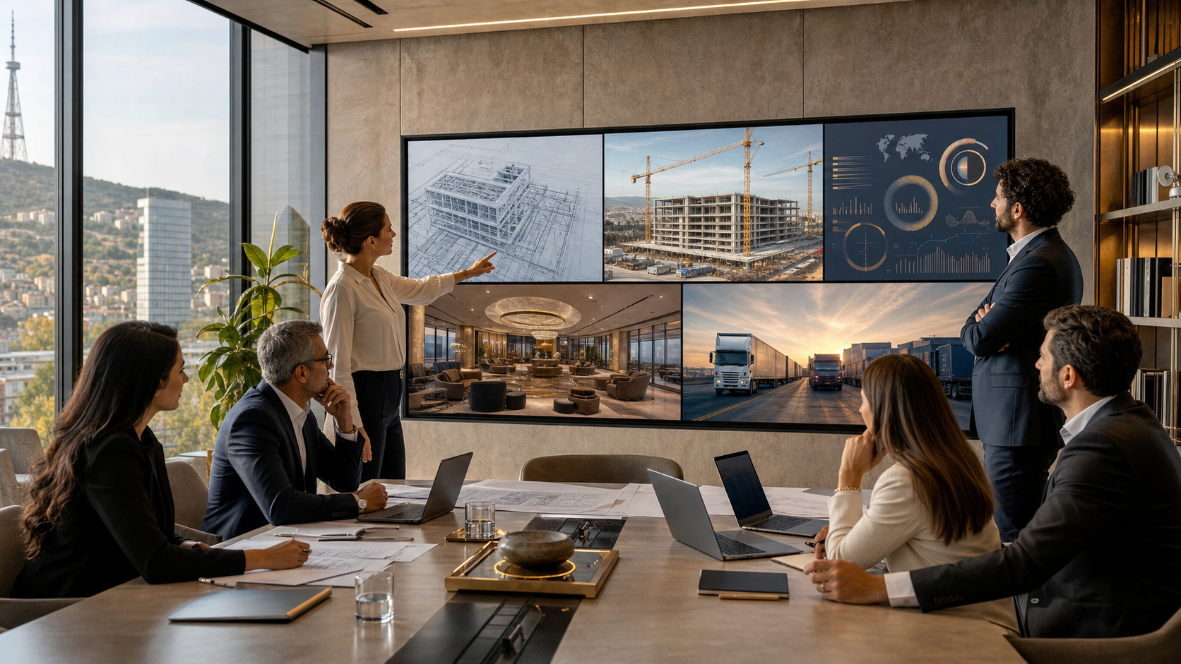 Aurevon lifecycle command room connecting engineering, construction, digital, hospitality, and industrial services.